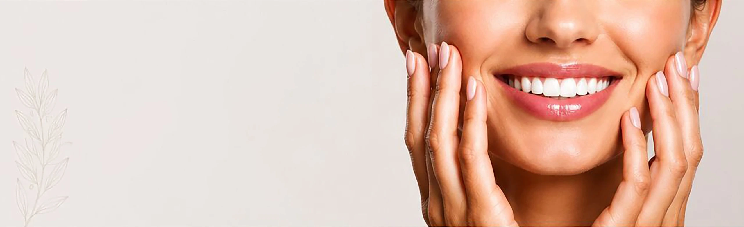 Smiling woman with hands on her cheeks showing natural white teeth, cosmetic dentistry at Mona Lisa Smiles, Barnet